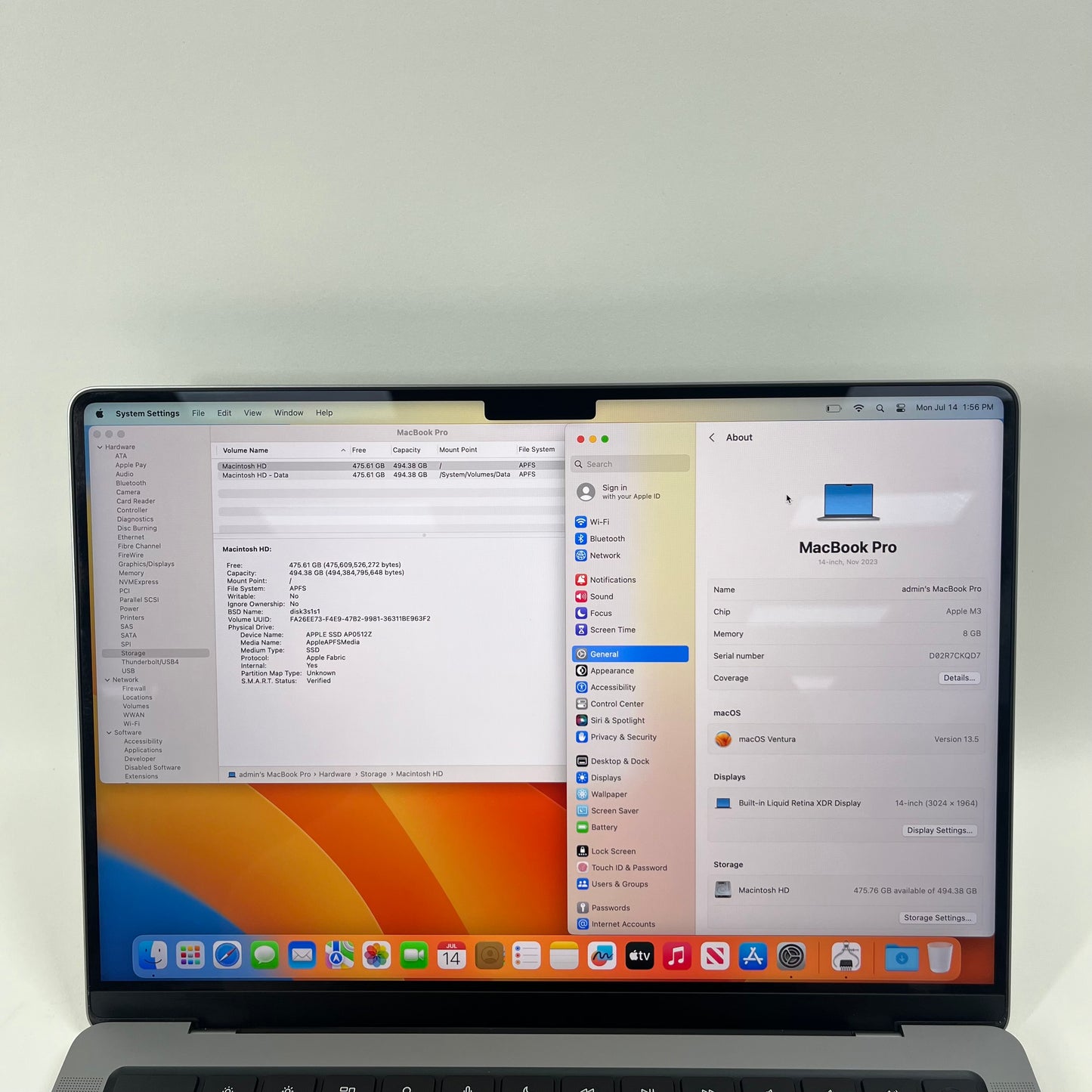 2023 Apple MacBook Pro 14" M3 8C GPU 4.0GHz 8GB RAM 512GB SSD A2918