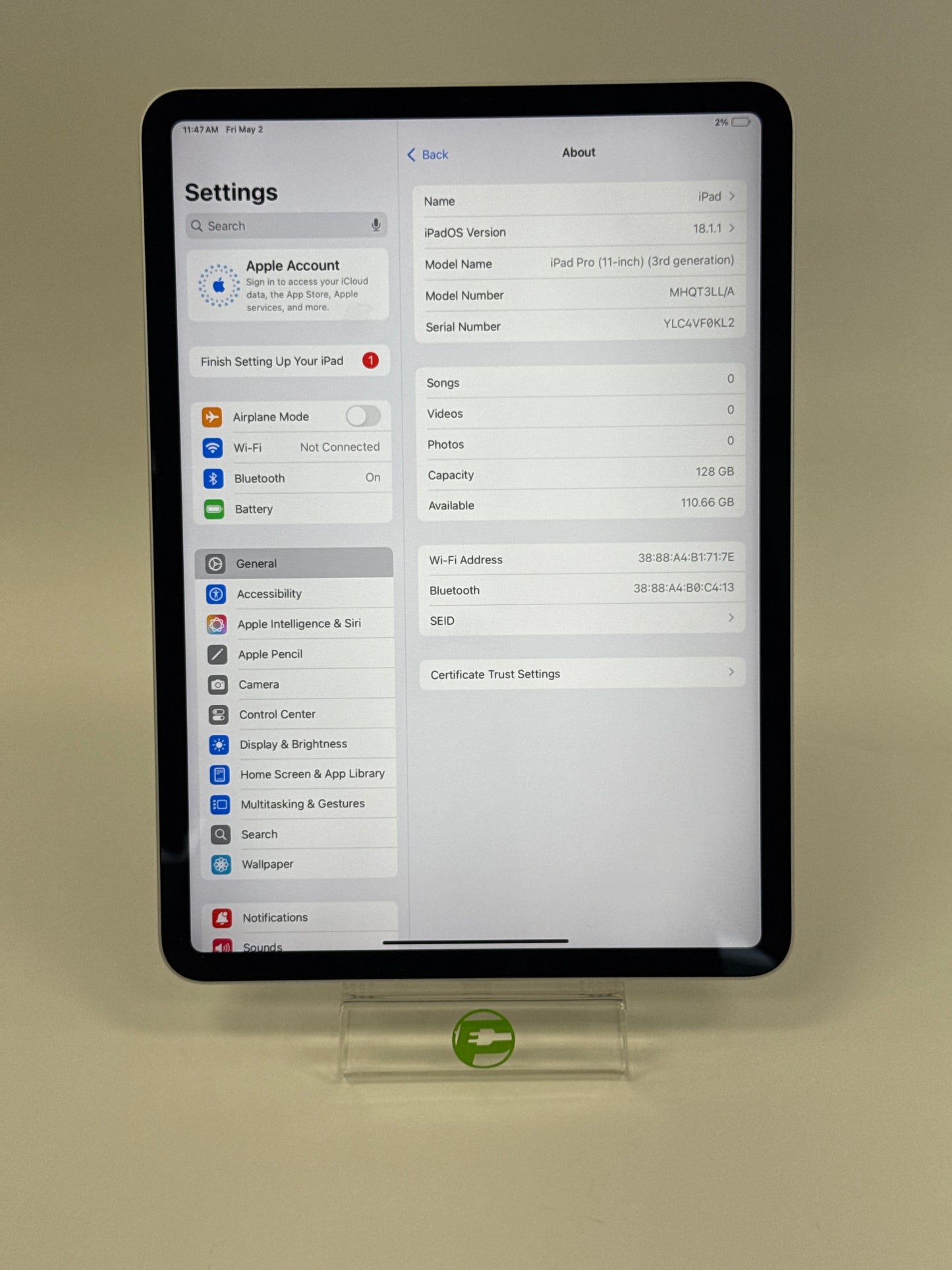 WiFi Only Apple iPad Pro 11" 3rd Gen 128GB Silver