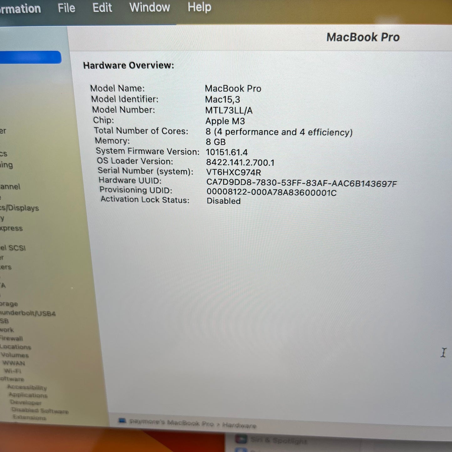 2023 Apple MacBook Pro 14" M3 4.0GHz 8GB RAM 512GB SSD MTL73LL/A