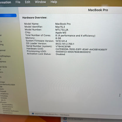 2023 Apple MacBook Pro 14" M3 4.0GHz 8GB RAM 512GB SSD MTL73LL/A