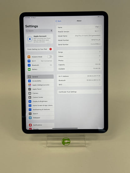 WiFi Only Apple iPad Pro 11" 3rd Gen 128GB Silver